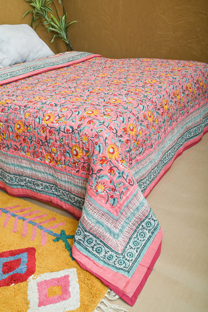Pink & White Floral Reversible Cotton Quilt - Delicate Charm for Your Bedroom in the UK