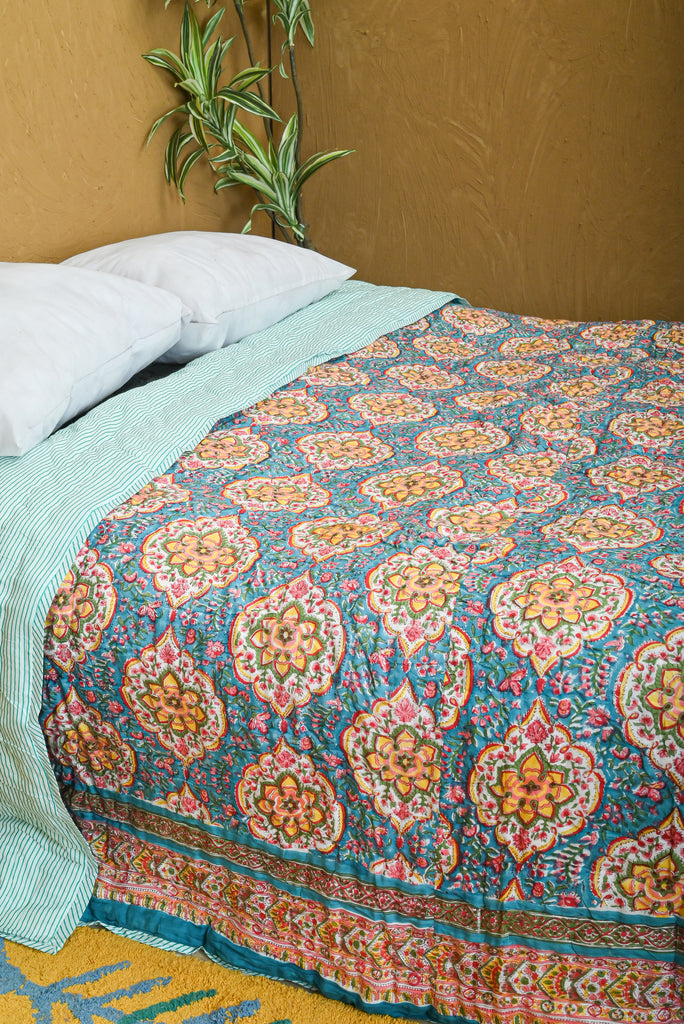 Multi Block Print Reversible Cotton Quilt - Vibrant Versatility for Your Bedroom