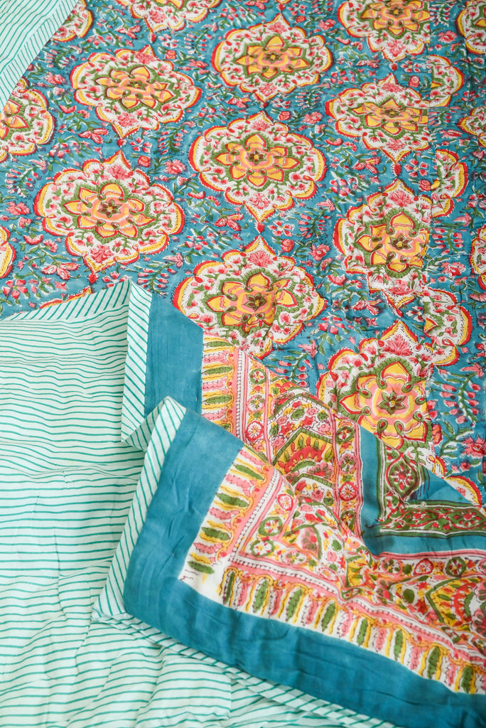 Multi Block Print Reversible Cotton Quilt - Vibrant Versatility for Your Bedroom