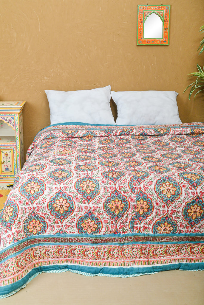 White & Teal Block Print Reversible Cotton Quilt - Timeless Sophistication for Your Bedroom