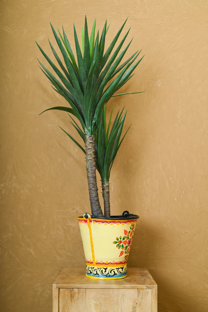 Yellow Vintage Hand Painted Bucket Planter - Add Charm to Your Plants