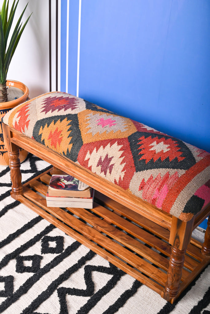 Unique Hand Woven Kilim Bench with Single Shelf: A Statement Piece for Your Home | Fast Delivery in the UK