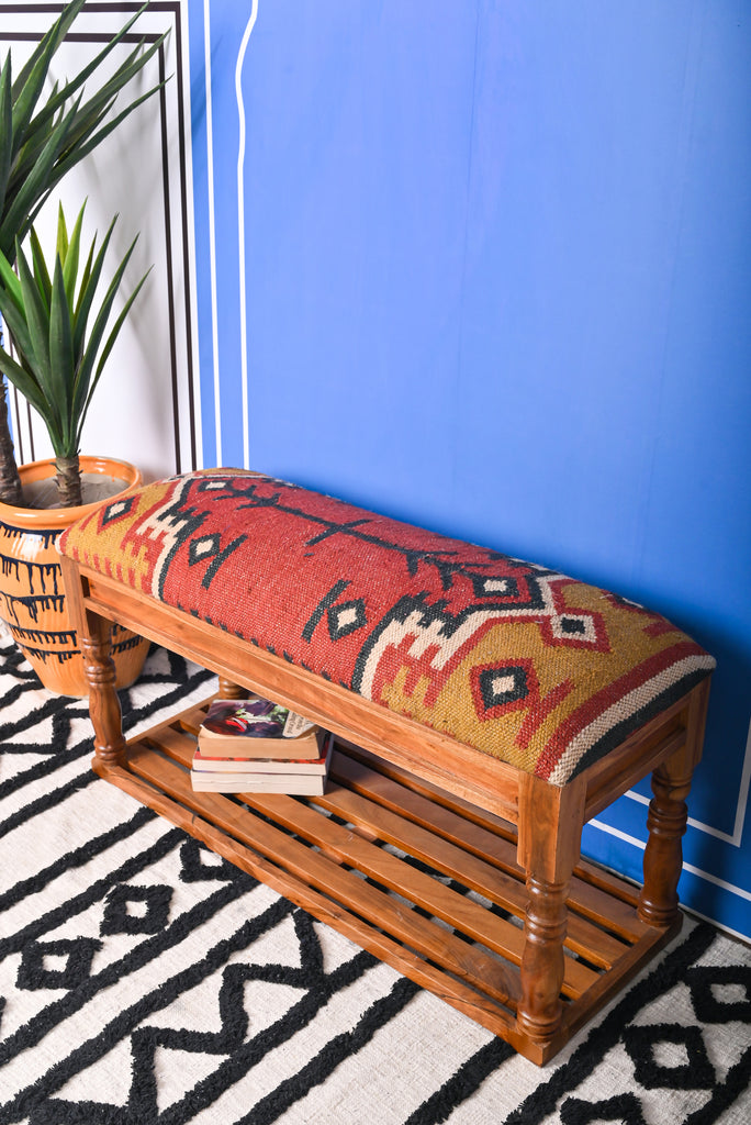 Versatile Kilim Bench with Single Shelf: Functional Design with Artisanal Appeal | Fast Shipping in the UK