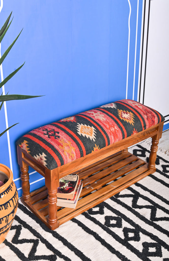 Artisan Hand Woven Kilim Bench with Single Shelf: Functional Elegance for Your Home | Fast UK Delivery