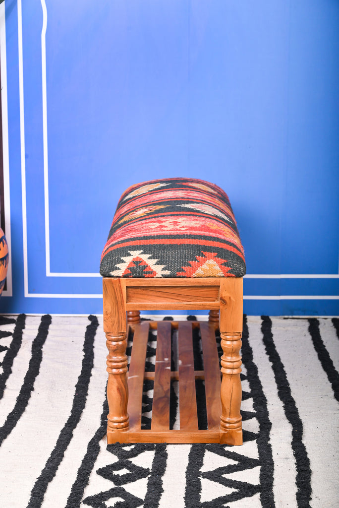 Artisan Hand Woven Kilim Bench with Single Shelf: Functional Elegance for Your Home | Fast UK Delivery