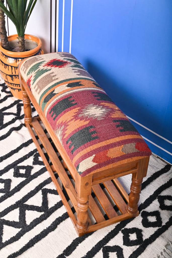 Stylish Hand Woven Kilim Bench with Single Shelf : Add Charm and Functionality to Your Space | Fast UK Delivery