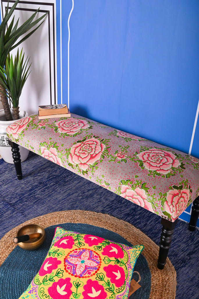 Versatile Grey Valley of Flowers Velvet Bench: Elegant Addition to Any Space | Fast Shipping in the UK