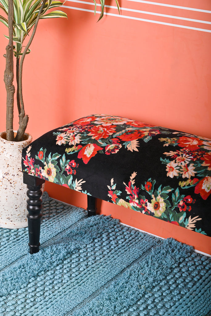 Luxurious Big Valley of Flowers Velvet Bench: Spacious Seating with Floral Elegance | Fast UK Shipping