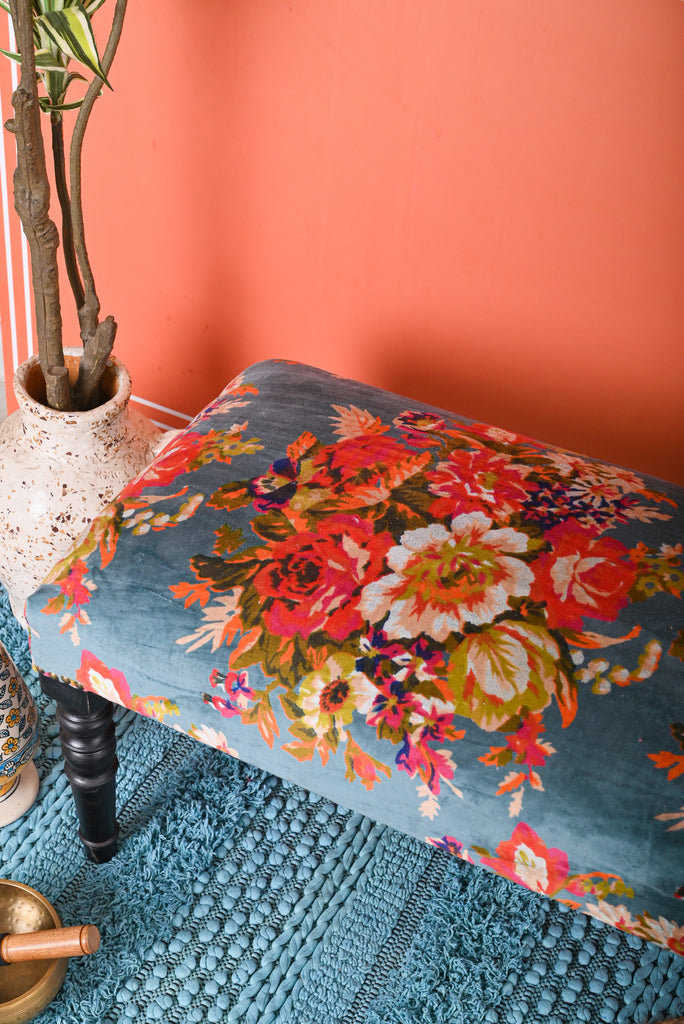 Teal Valley of Flowers Velvet Bench: Luxurious Seating with Floral Elegance | Fast UK Shipping