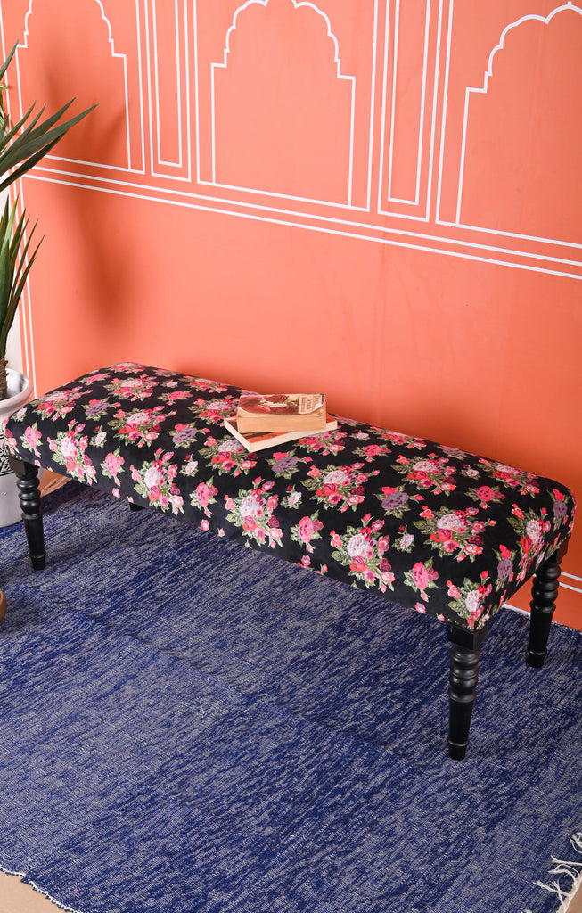 Sophisticated Black Valley of Flowers Velvet Bench: Elegant Seating with Floral Accent | Fast UK Shipping