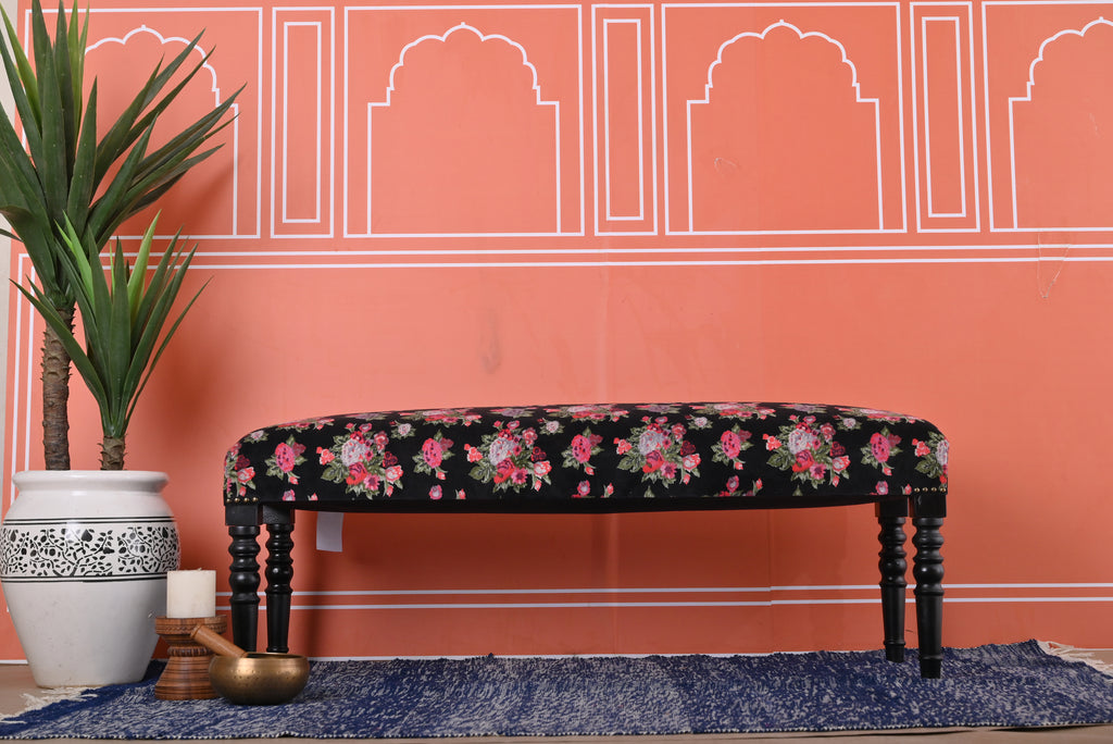 Sophisticated Black Valley of Flowers Velvet Bench: Elegant Seating with Floral Accent | Fast UK Shipping