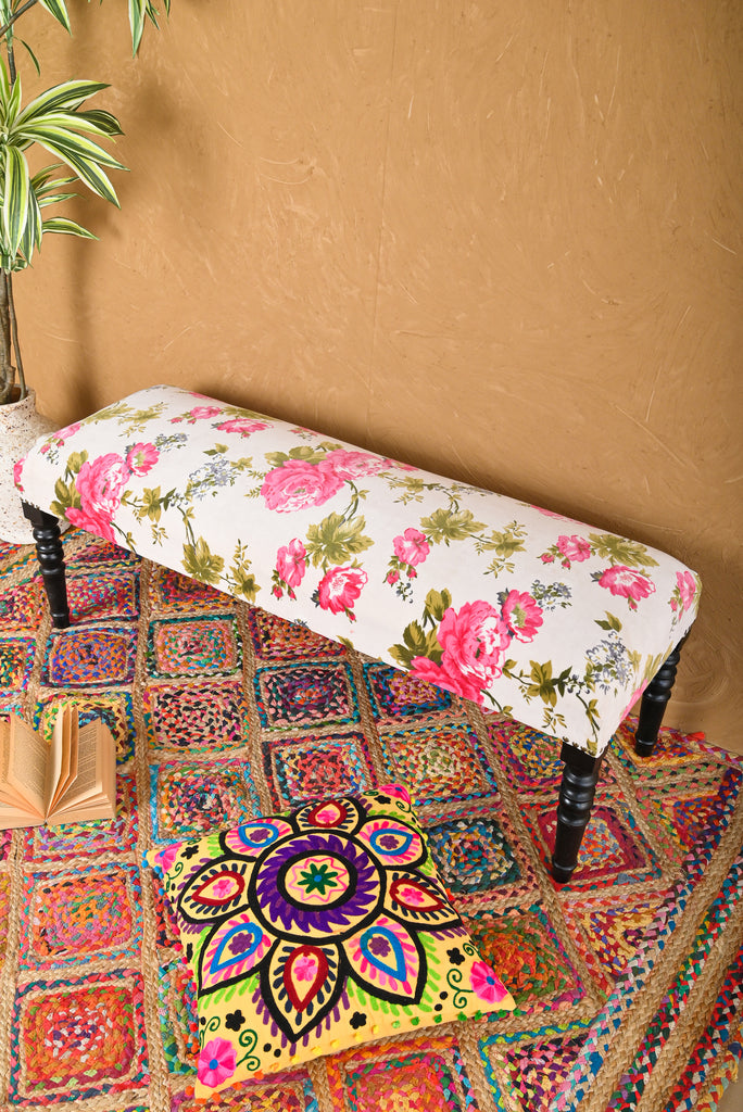 White Valley of Flowers Velvet Bench: Elegant Seating with Floral Charm | Fast UK Shipping