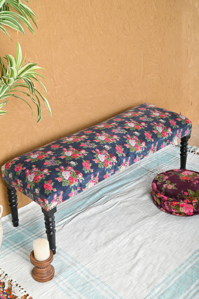 Smoke Blue Valley of Flowers Velvet Bench: Luxurious Seating with Floral Elegance | Fast UK Shipping