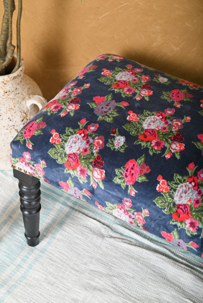 Smoke Blue Valley of Flowers Velvet Bench: Luxurious Seating with Floral Elegance | Fast UK Shipping