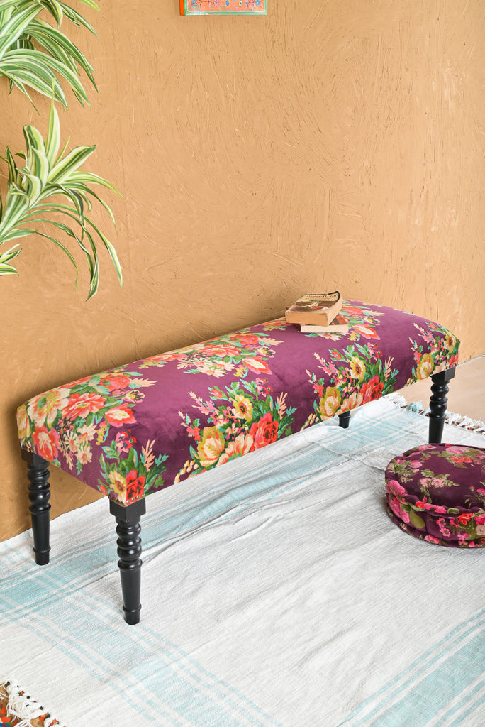 Luxurious Plum Valley of Flowers Velvet Bench: Exquisite Seating with Floral Elegance | Fast UK Shipping