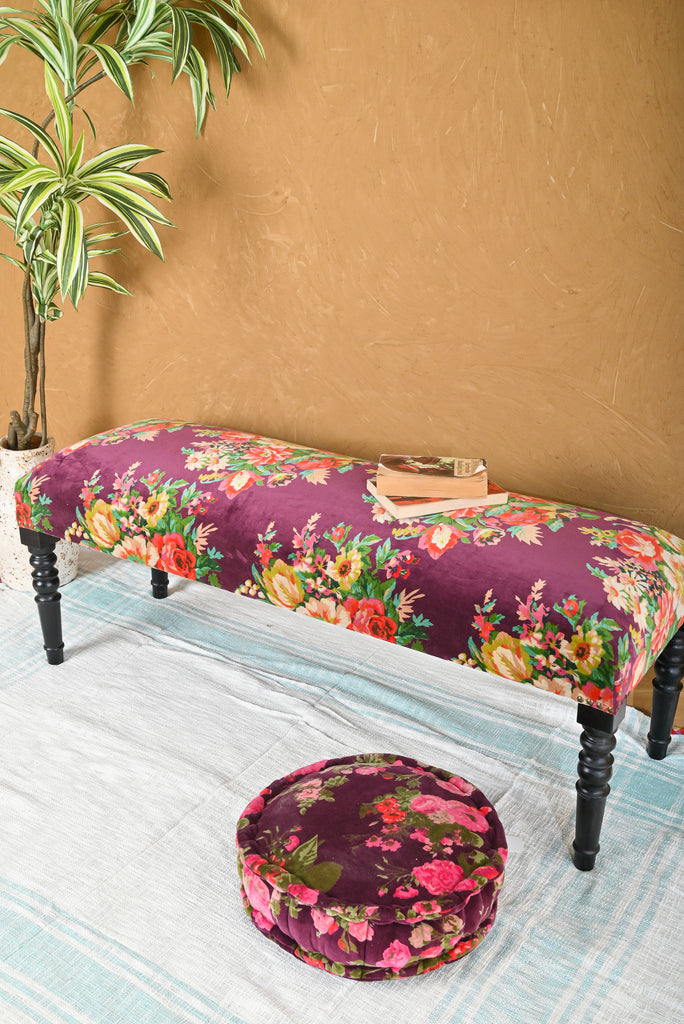Luxurious Plum Valley of Flowers Velvet Bench: Exquisite Seating with Floral Elegance | Fast UK Shipping