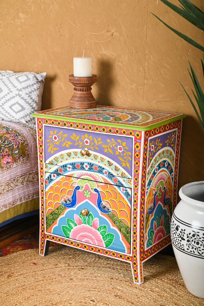 Peacock Hand Painted Bedside Cabinet - Indian Furniture