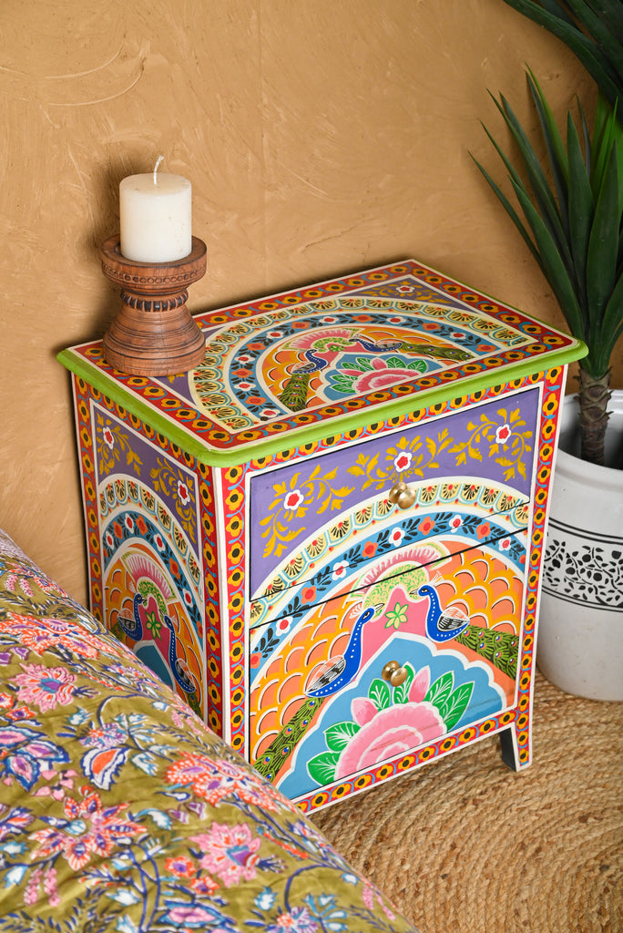 Peacock Hand Painted Bedside Cabinet - Indian Furniture