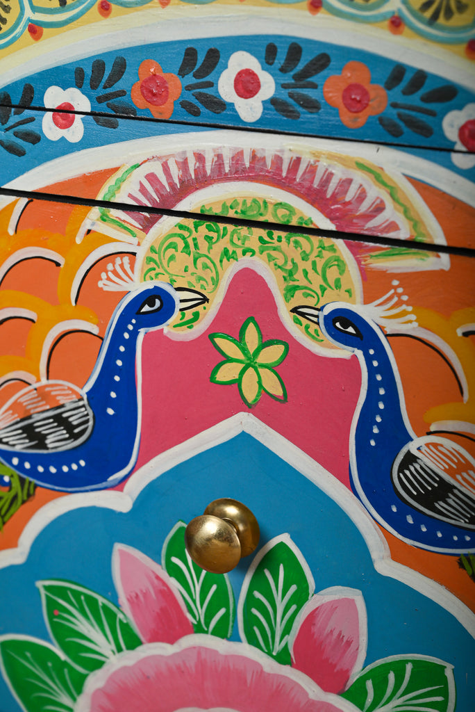 Peacock Hand Painted Bedside Cabinet - Indian Furniture