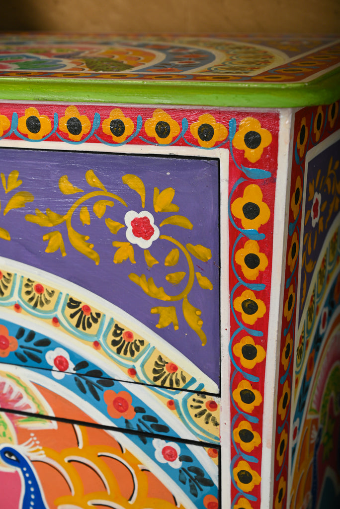 Peacock Hand Painted Bedside Cabinet - Indian Furniture