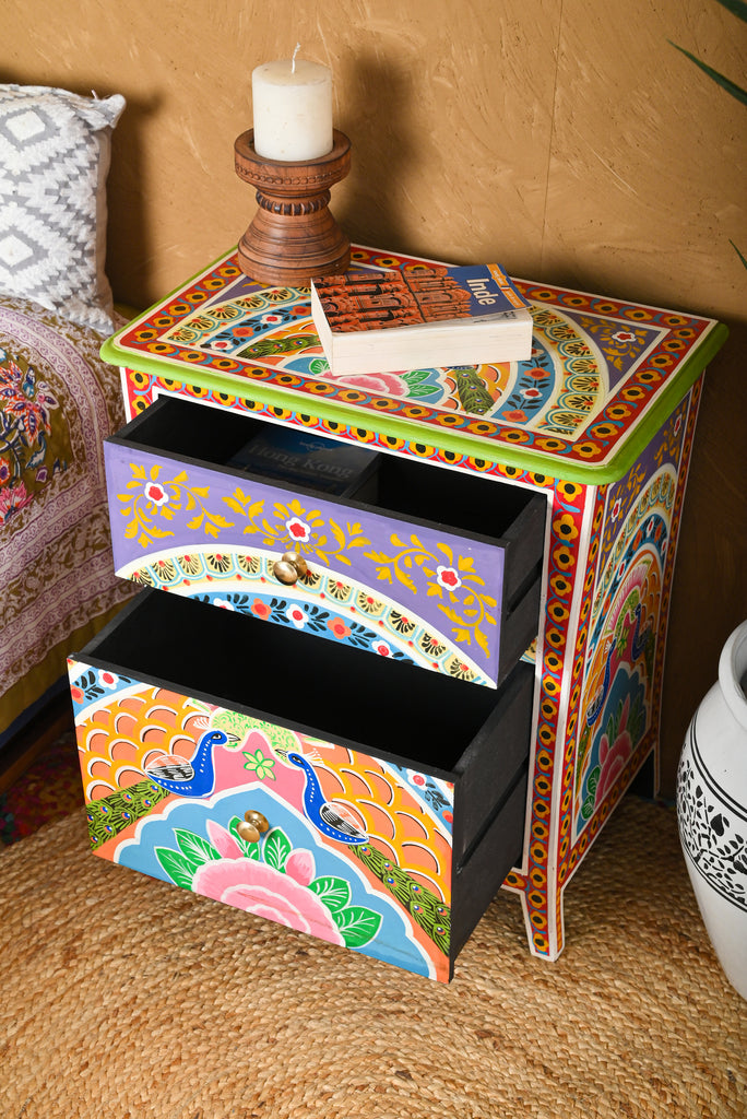 Peacock Hand Painted Bedside Cabinet - Indian Furniture