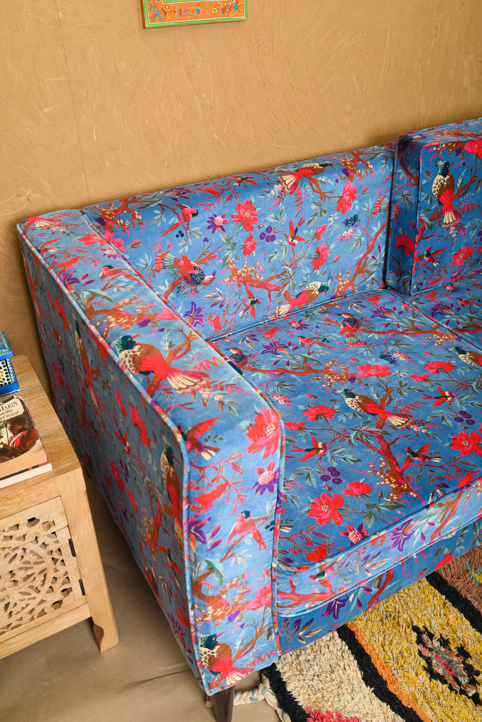 Blue Bird of Paradise Velvet Sofa