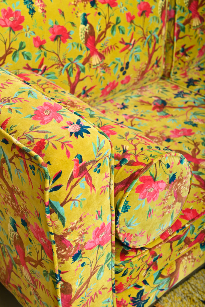 Yellow Bird of Paradise Velvet Sofa