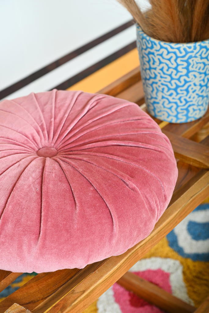 Pink Round Ruched Cotton Velvet Cushion