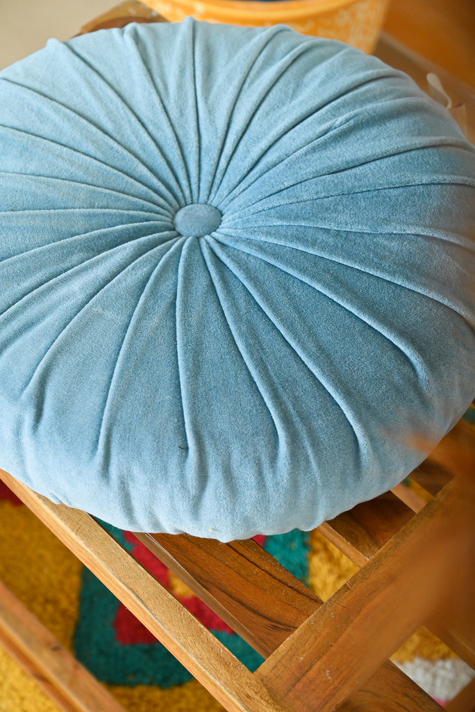 Smoke Blue Round Ruched Cotton Velvet Cushion