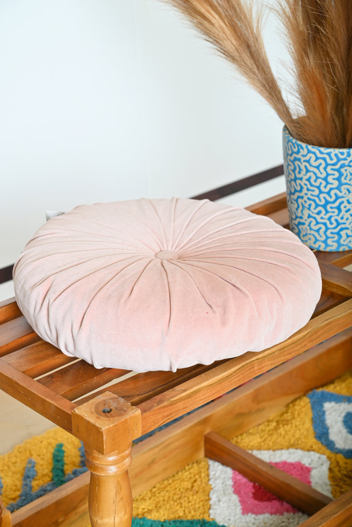 Baby Pink Round Ruched Cotton Velvet Cushion