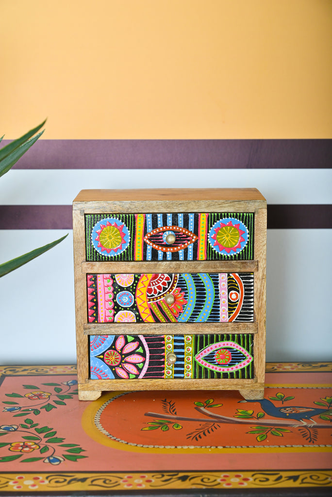 Natural Hand Painted Wooden Chest with 3 Drawers