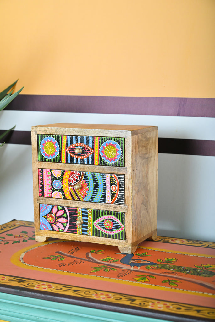 Natural Hand Painted Wooden Chest with 3 Drawers