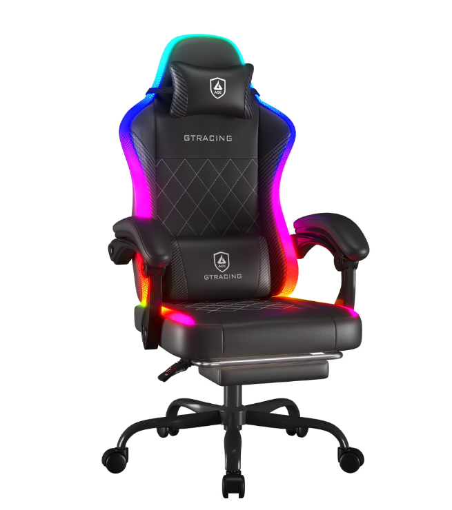 RGB Ergonomic Gaming Chair with Massage, LED Lights, Footrest, Lumbar Support, Black