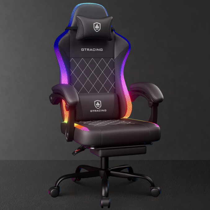 RGB Ergonomic Gaming Chair with Massage, LED Lights, Footrest, Lumbar Support, Black