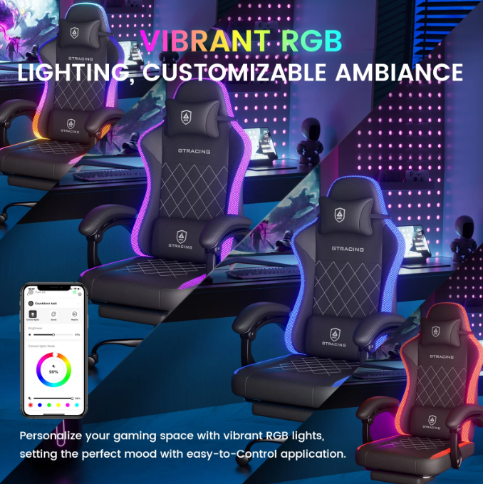 RGB Ergonomic Gaming Chair with Massage, LED Lights, Footrest, Lumbar Support, Black