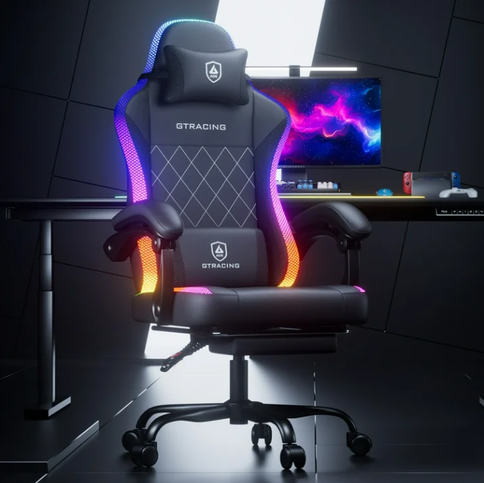 RGB Ergonomic Gaming Chair with Massage, LED Lights, Footrest, Lumbar Support, Black