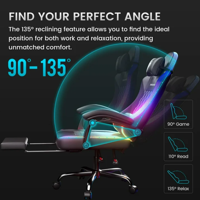 RGB Ergonomic Gaming Chair with Massage, LED Lights, Footrest, Lumbar Support, Black