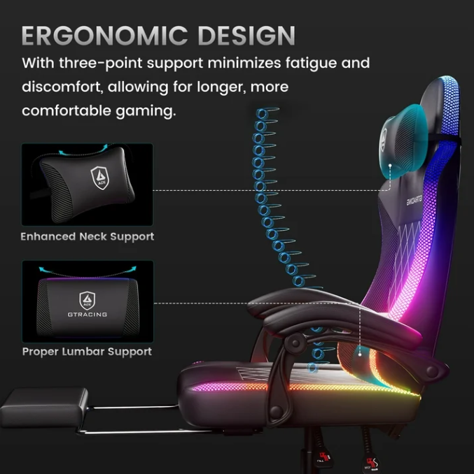 RGB Ergonomic Gaming Chair with Massage, LED Lights, Footrest, Lumbar Support, Black