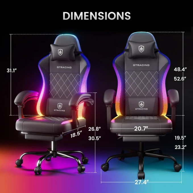 RGB Ergonomic Gaming Chair with Massage, LED Lights, Footrest, Lumbar Support, Black