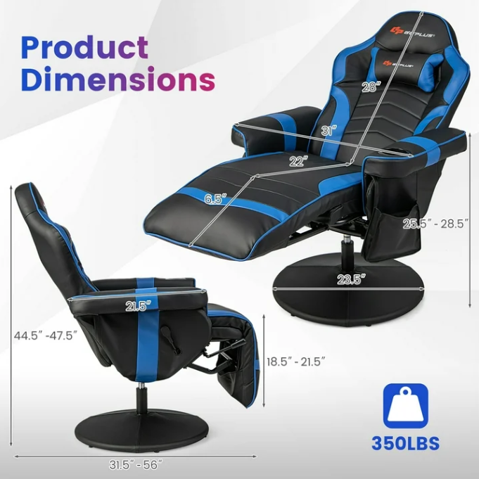 Massage Gaming Recliner Height Adjustable Racing Swivel Chair