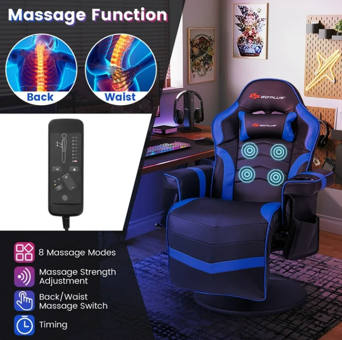 Massage Gaming Recliner Height Adjustable Racing Swivel Chair