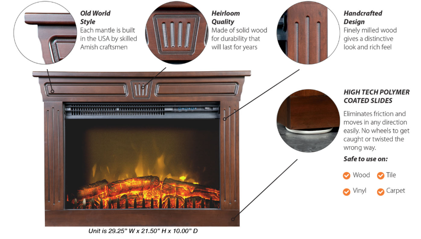 Amish Fireplace – Genuine Real Wood Amish-Built Mantle – Electric Fireplace Heater – Hi-Def Fireless Flame