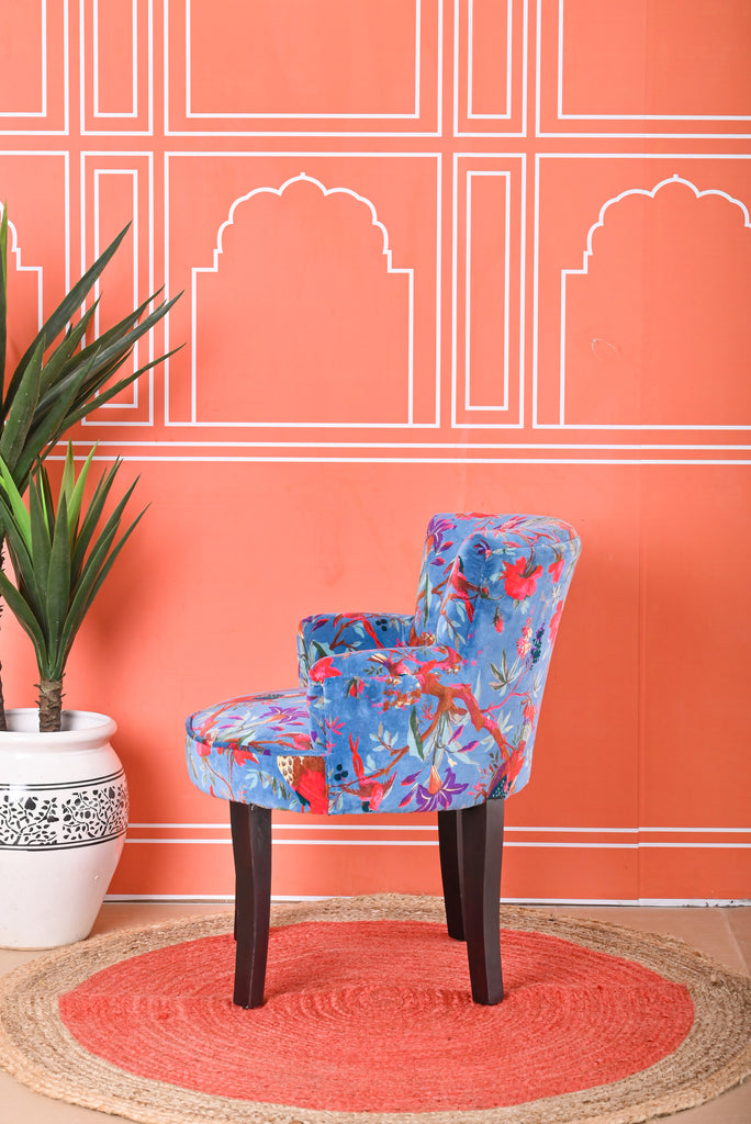 Stunning Blue Bird of Paradise Printed Cotton Velvet Compact Armchair: Elevate Your Space with Style and Comfort