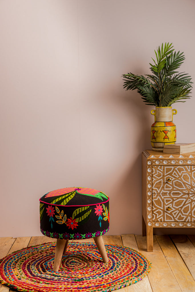 Black Embroidered Floral Cotton FootStool