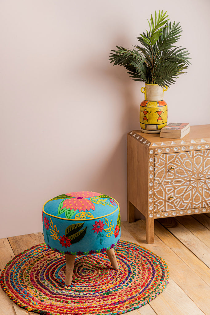 Blue Embroidered Floral Cotton FootStool