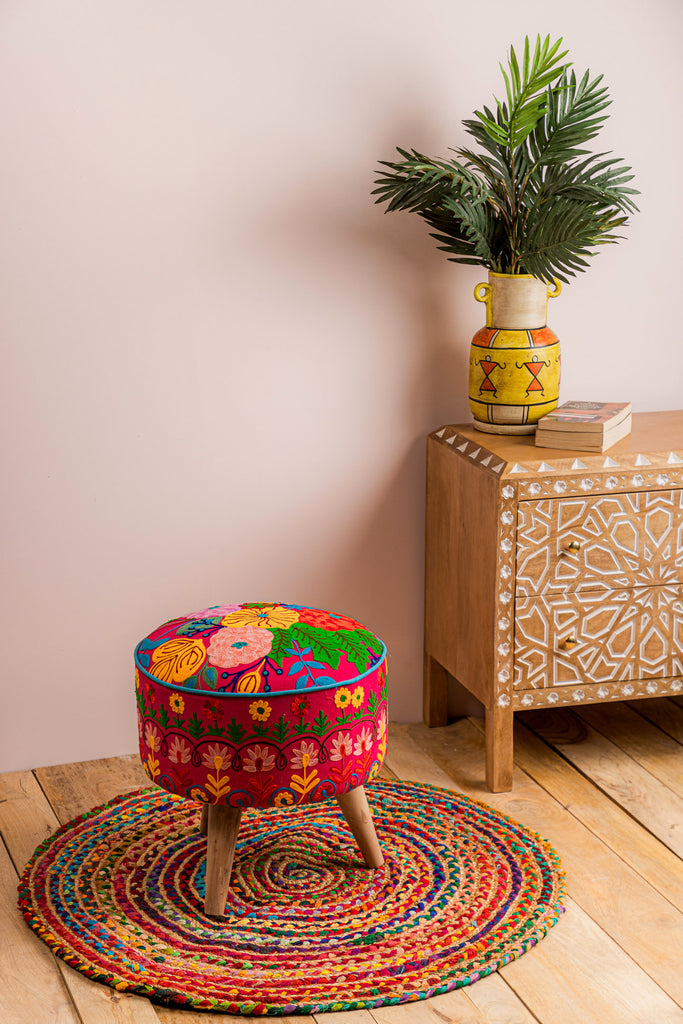 Pink Embroidered Floral Cotton FootStool