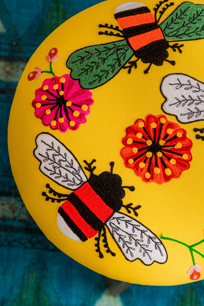 Yellow Embroidered Bees Cotton FootStool
