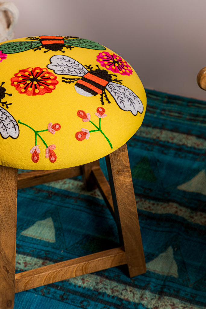 Yellow Embroidered Bees Cotton FootStool