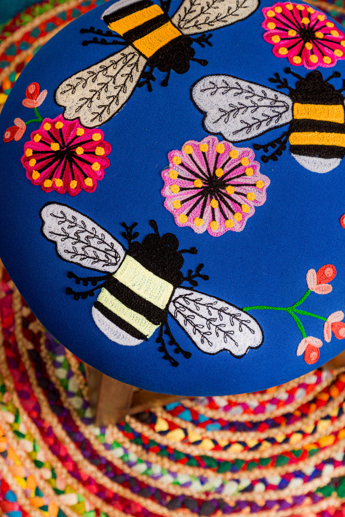 Blue Embroidered Bees Cotton FootStool