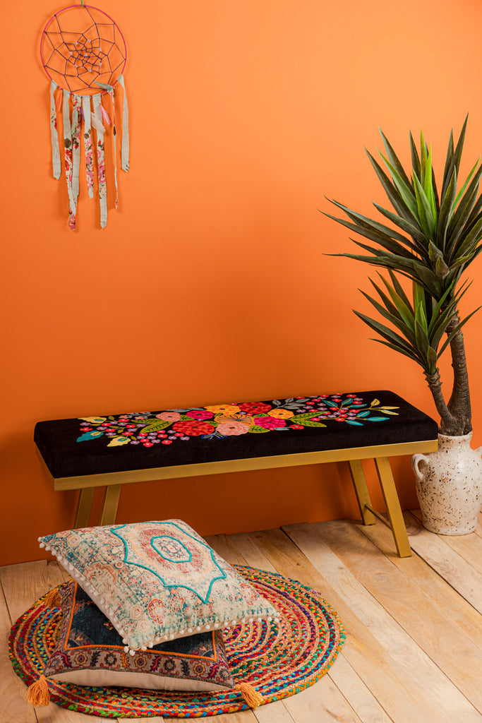 Black Embroidered Floral Bench with Iron Legs